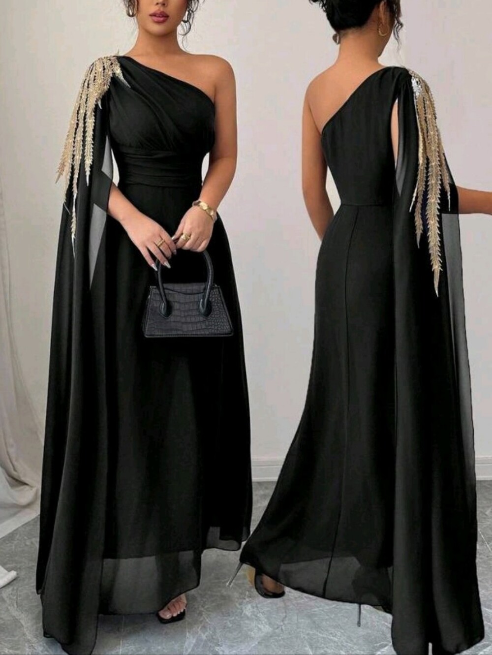 Elegant One-Shoulder Black Evening Gown with Gold Embellished Cape LARGE